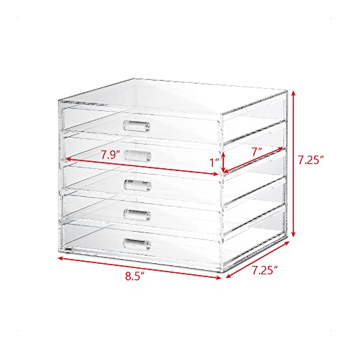 Ikee Design Premium Acrylic 5 Drawer Makeup Organizer Cosmetic Storage Jewelry Display Case for Home Storage and Store Display, 8.5" W x 7.25" D x 7.25" H