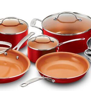 Gotham Steel 10-Piece Kitchen Set with Non-Stick Ti-Cerama Coating by Chef Daniel Green - Includes Skillets, Fry Pans, Stock Pots and Steamer Insert – Red