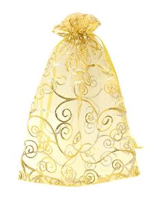sungulf 100pcs organza pouch bag drawstring 5x7 13x18cm strong gift candy bag jewelry party wedding favor (gold flower vine print)