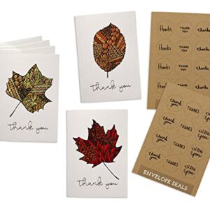 Autumn Leaves Zentangle Fall Thank You Cards - 24 Cards & Envelopes & Kraft Sticker Seals