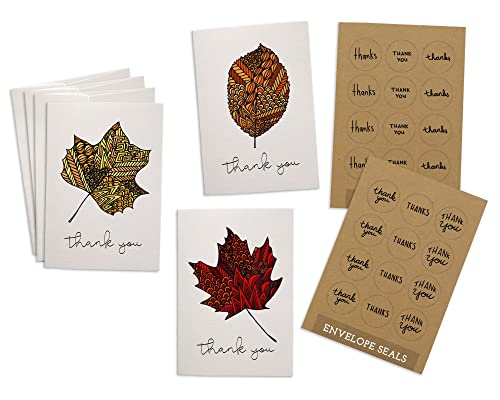 Autumn Leaves Zentangle Fall Thank You Cards - 24 Cards & Envelopes & Kraft Sticker Seals