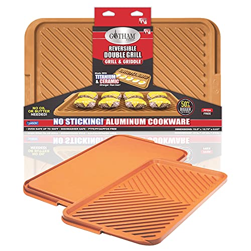Gotham Steel Nonstick Double Grill Griddle Pan, Brown Reversible with Ti-Cerama Coating, Perfect for BBQs and More As Seen on TV-XL, X-Large