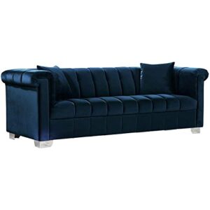 meridian furniture kayla collection modern | contemporary velvet upholstered sofa with deep channel tufting and custom chrome legs, navy, 90" w x 37" d x 31" h
