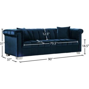 Meridian Furniture Kayla Collection Modern | Contemporary Velvet Upholstered Sofa with Deep Channel Tufting and Custom Chrome Legs, Navy, 90" W x 37" D x 31" H