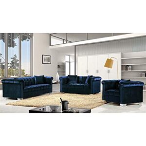 Meridian Furniture Kayla Collection Modern | Contemporary Velvet Upholstered Sofa with Deep Channel Tufting and Custom Chrome Legs, Navy, 90" W x 37" D x 31" H