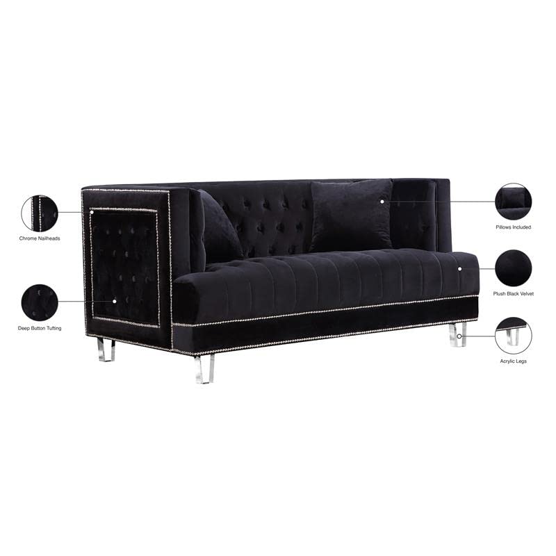 Meridian Furniture Lucas Collection Modern | Contemporary Velvet Upholstered Loveseat with Silver Nailheads and Acrylic Legs, Black, 64" W x 35.5" D x 31.5" H