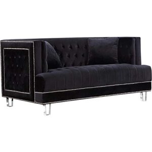 meridian furniture lucas collection modern | contemporary velvet upholstered loveseat with silver nailheads and acrylic legs, black, 64" w x 35.5" d x 31.5" h
