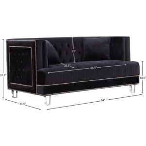 Meridian Furniture Lucas Collection Modern | Contemporary Velvet Upholstered Loveseat with Silver Nailheads and Acrylic Legs, Black, 64" W x 35.5" D x 31.5" H