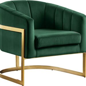 Meridian Furniture Carter Collection Modern | Contemporary Upholstered Velvet Barrel Accent Chair with Gold Stainless Base, Green, 29" W x 27.5" D x 31" H