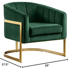 Meridian Furniture Carter Collection Modern | Contemporary Upholstered Velvet Barrel Accent Chair with Gold Stainless Base, Green, 29" W x 27.5" D x 31" H