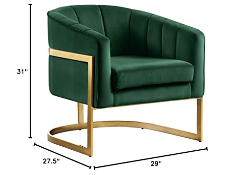 Meridian Furniture Carter Collection Modern | Contemporary Upholstered Velvet Barrel Accent Chair with Gold Stainless Base, Green, 29" W x 27.5" D x 31" H