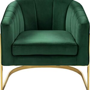 Meridian Furniture Carter Collection Modern | Contemporary Upholstered Velvet Barrel Accent Chair with Gold Stainless Base, Green, 29" W x 27.5" D x 31" H
