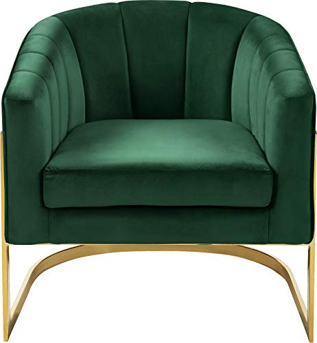 Meridian Furniture Carter Collection Modern | Contemporary Upholstered Velvet Barrel Accent Chair with Gold Stainless Base, Green, 29" W x 27.5" D x 31" H