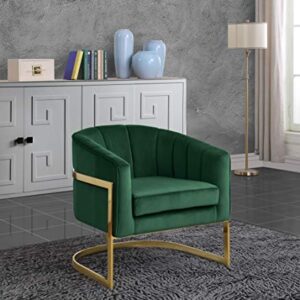 Meridian Furniture Carter Collection Modern | Contemporary Upholstered Velvet Barrel Accent Chair with Gold Stainless Base, Green, 29" W x 27.5" D x 31" H