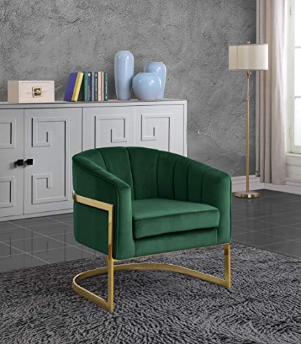 Meridian Furniture Carter Collection Modern | Contemporary Upholstered Velvet Barrel Accent Chair with Gold Stainless Base, Green, 29" W x 27.5" D x 31" H