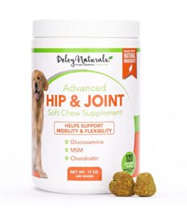 deley naturals hip and joint support supplement for dogs - advanced arthritis pain relief - chondroitin, msm, organic turmeric, & glucosamine for dogs - made in usa - 120 grain free soft chews