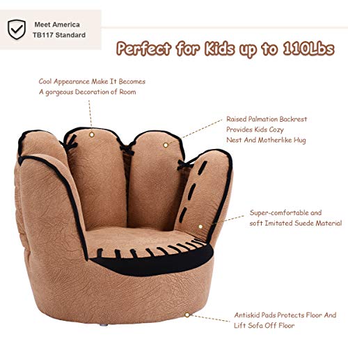 Costzon Kids Couch, Toddler Chair Sofa with Solid Wood Frame & Baseball Glove Design, Children Armchair for Play Room, Nursery, Kindergarten, Kids Room, Gift for Boys & Girls, Kids Sofa (Brown)