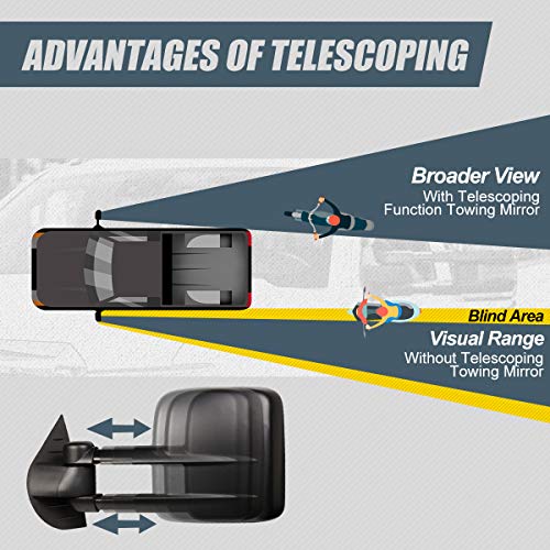 Pair Black Power Heated Telescoping Rear View Side Towing Mirrors Compatible with Silverado Sierra GMT900 07-14