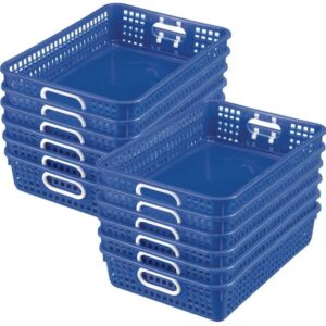 really good stuff plastic desktop paper storage baskets for classroom or home use – 14”x10” plastic mesh baskets keep papers crease-free and secure – blue baskets with white handles (set of 12)