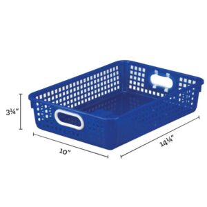 Really Good Stuff Plastic Desktop Paper Storage Baskets for Classroom or Home Use – 14”x10” Plastic Mesh Baskets Keep Papers Crease-Free and Secure – Blue Baskets With White Handles (Set of 12)