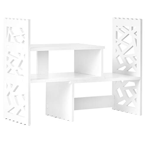 MyGift White Expandable Desktop Bookshelf Organizer with 5 Display Shelves, Small Stationery Storage Shelf Unit, College Dorm Desk Book Organizer