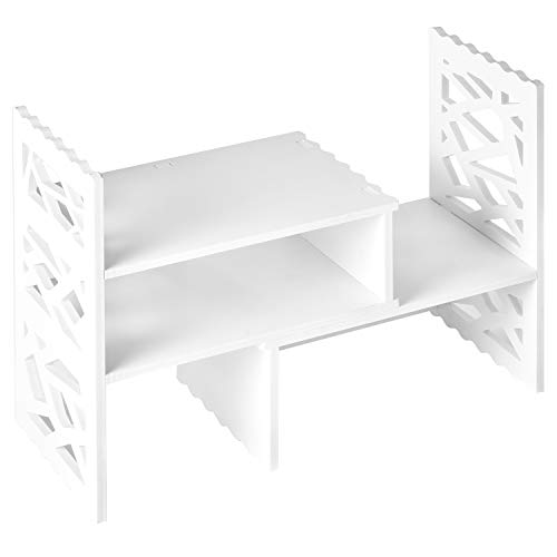 MyGift White Expandable Desktop Bookshelf Organizer with 5 Display Shelves, Small Stationery Storage Shelf Unit, College Dorm Desk Book Organizer