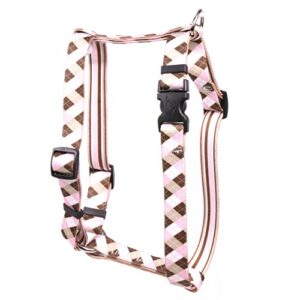 yellow dog design pink brown argyle roman h dog harness, small/medium-3/4 wide fits chest of 14 to 20"