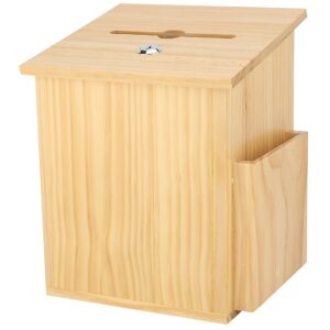 finished natural wood charity donation & suggestion box office ballot box with pocket comes with locking hinged lid for table or counter-top use (natural wood)