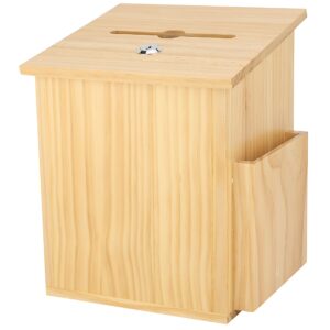 Finished Natural Wood Charity Donation & Suggestion Box Office Ballot Box with Pocket Comes with Locking Hinged Lid for Table Or Counter-top use (Natural Wood)