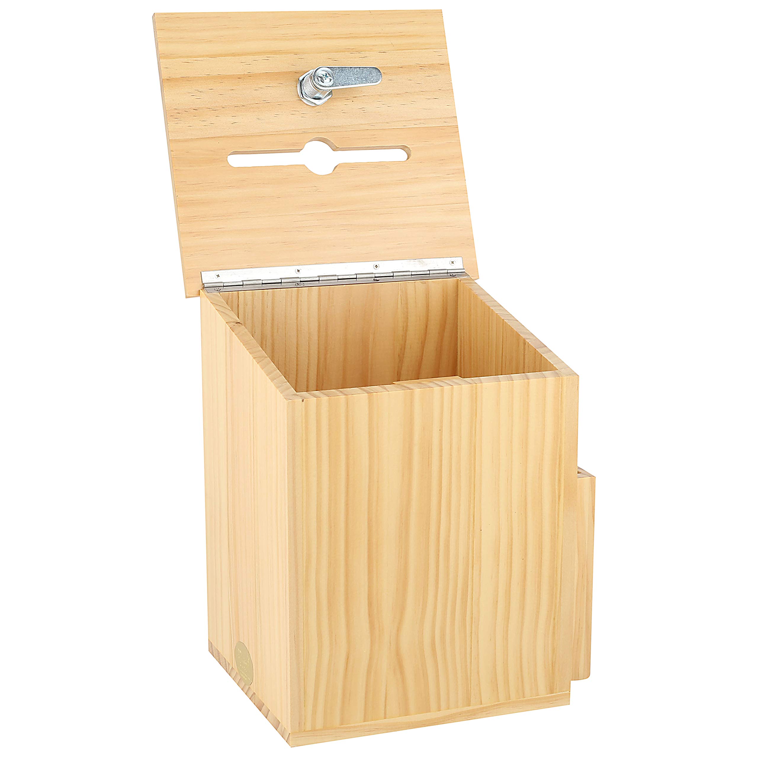 Finished Natural Wood Charity Donation & Suggestion Box Office Ballot Box with Pocket Comes with Locking Hinged Lid for Table Or Counter-top use (Natural Wood)