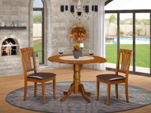 east west furniture dlav3-sbr-lc 3 piece dining set contains a round dining table with dropleaf and 2 faux leather kitchen room chairs, 42x42 inch, saddle brown