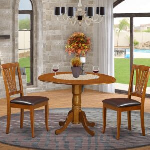 East West Furniture DLAV3-SBR-LC 3 Piece Dining Set Contains a Round Dining Table with Dropleaf and 2 Faux Leather Kitchen Room Chairs, 42x42 Inch, Saddle Brown