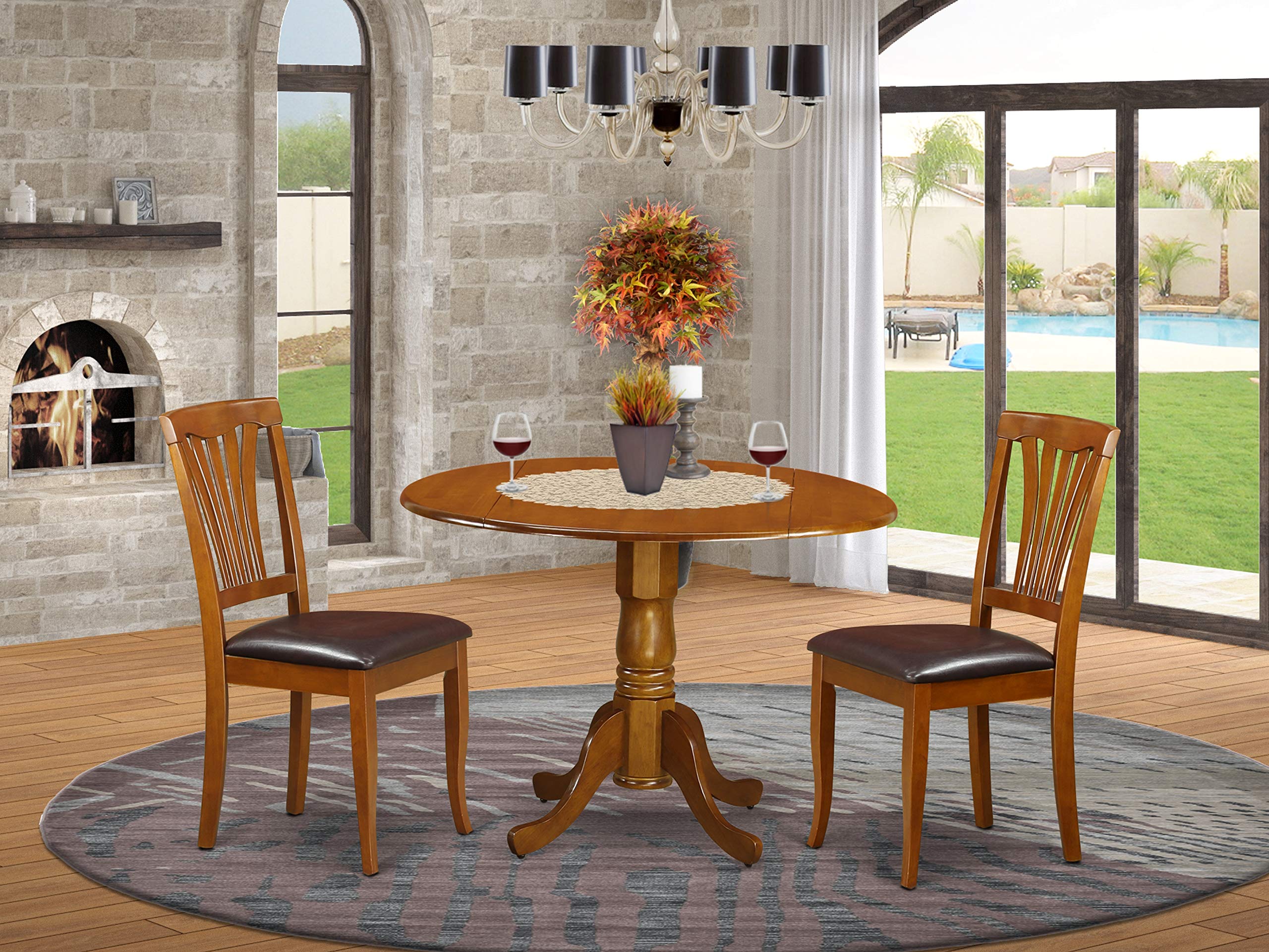 East West Furniture DLAV3-SBR-LC 3 Piece Dining Set Contains a Round Dining Table with Dropleaf and 2 Faux Leather Kitchen Room Chairs, 42x42 Inch, Saddle Brown