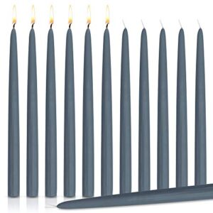 higlow gray long household taper candles 6.5 long burning hours – smokeless 8-inch tall burning candles for wedding, holiday, ceremonies and home decoration - pack of 12 dinner dripless candles (grey)