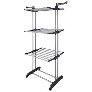 aquaterior folding 3 tier clothes drying rack rolling collapsible garment laundry dryer hanger stand rail indoor dark grey