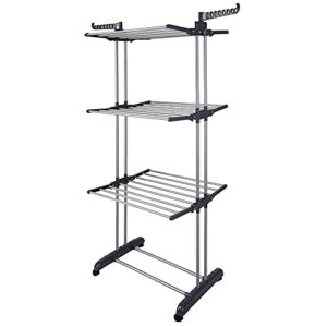 Aquaterior Folding 3 Tier Clothes Drying Rack Rolling Collapsible Garment Laundry Dryer Hanger Stand Rail Indoor Dark Grey