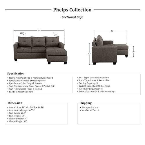 Homelegance Phelps 78" x 58" Fabric Reversible Chaise Sofa, Grayish Brown