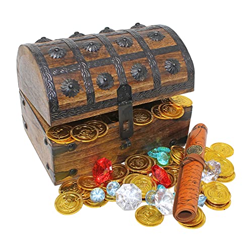 Nautical Cove Wooden Pirates Treasure Chest Box Pirate Treasure Map and Gold Coins/Gems