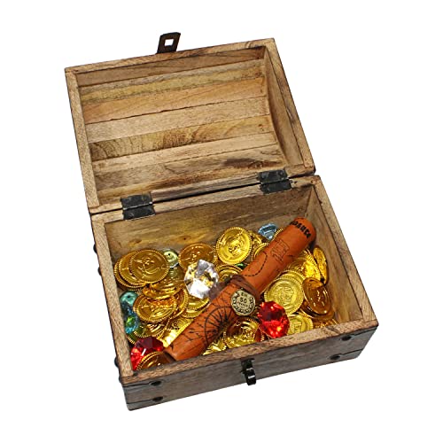 Nautical Cove Wooden Pirates Treasure Chest Box Pirate Treasure Map and Gold Coins/Gems