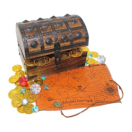 Nautical Cove Wooden Pirates Treasure Chest Box Pirate Treasure Map and Gold Coins/Gems