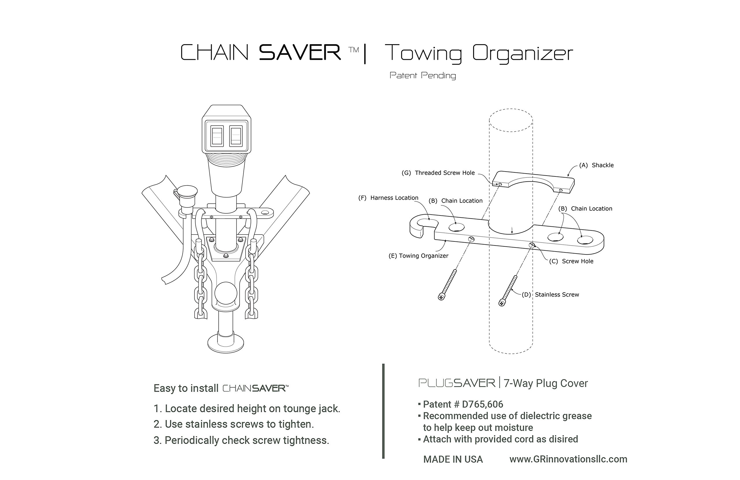 GR innovations llc Tongue Jack Trailer Towing Organizer | Plastic Chain Saver Kit