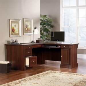 BOWERY HILL Classic Style L-Shaped Office Computer Desk in Cherry with File Drawer, CPU Tower,