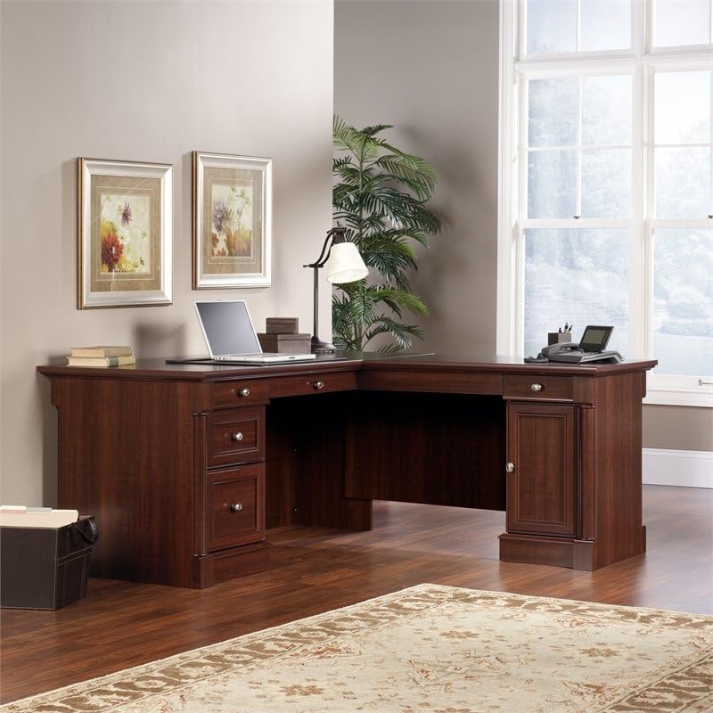 BOWERY HILL Classic Style L-Shaped Office Computer Desk in Cherry with File Drawer, CPU Tower,