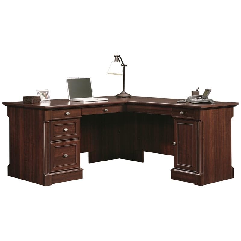 BOWERY HILL Classic Style L-Shaped Office Computer Desk in Cherry with File Drawer, CPU Tower,