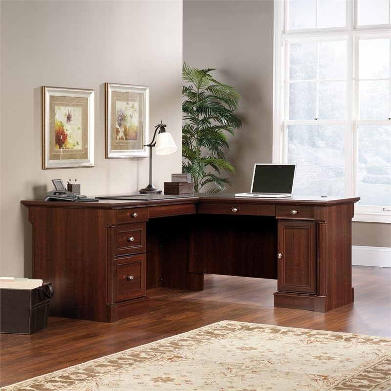 BOWERY HILL Classic Style L-Shaped Office Computer Desk in Cherry with File Drawer, CPU Tower,