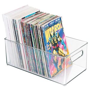 mdesign deep plastic storage organizer container bin, game and comic organization for cabinet, cupboard, playroom, shelves, or closet - holds video games, tablets, dvds, ligne collection, clear