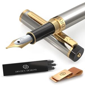 dryden designs fountain pen - medium nib 0.5mm | includes 6 ink cartridges (3 black, 3 blue), notebook clips and ink refill converter | - silver.