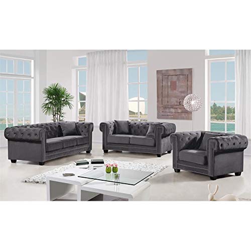 Meridian Furniture Bowery Collection Modern | Contemporary Button Tufted, Velvet Upholstered Loveseat with Square Arms, Nailhead Trim and Wood Legs, Grey, 68.5" W x 36.5" D x 30.5" H