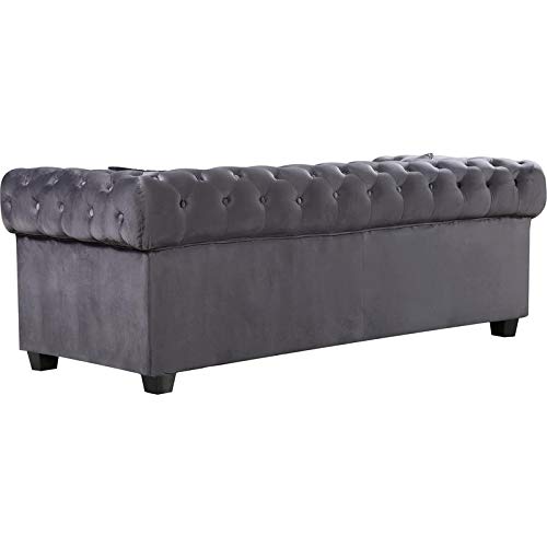 Meridian Furniture Bowery Collection Modern | Contemporary Button Tufted, Velvet Upholstered Loveseat with Square Arms, Nailhead Trim and Wood Legs, Grey, 68.5" W x 36.5" D x 30.5" H
