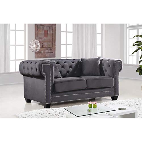 Meridian Furniture Bowery Collection Modern | Contemporary Button Tufted, Velvet Upholstered Loveseat with Square Arms, Nailhead Trim and Wood Legs, Grey, 68.5" W x 36.5" D x 30.5" H